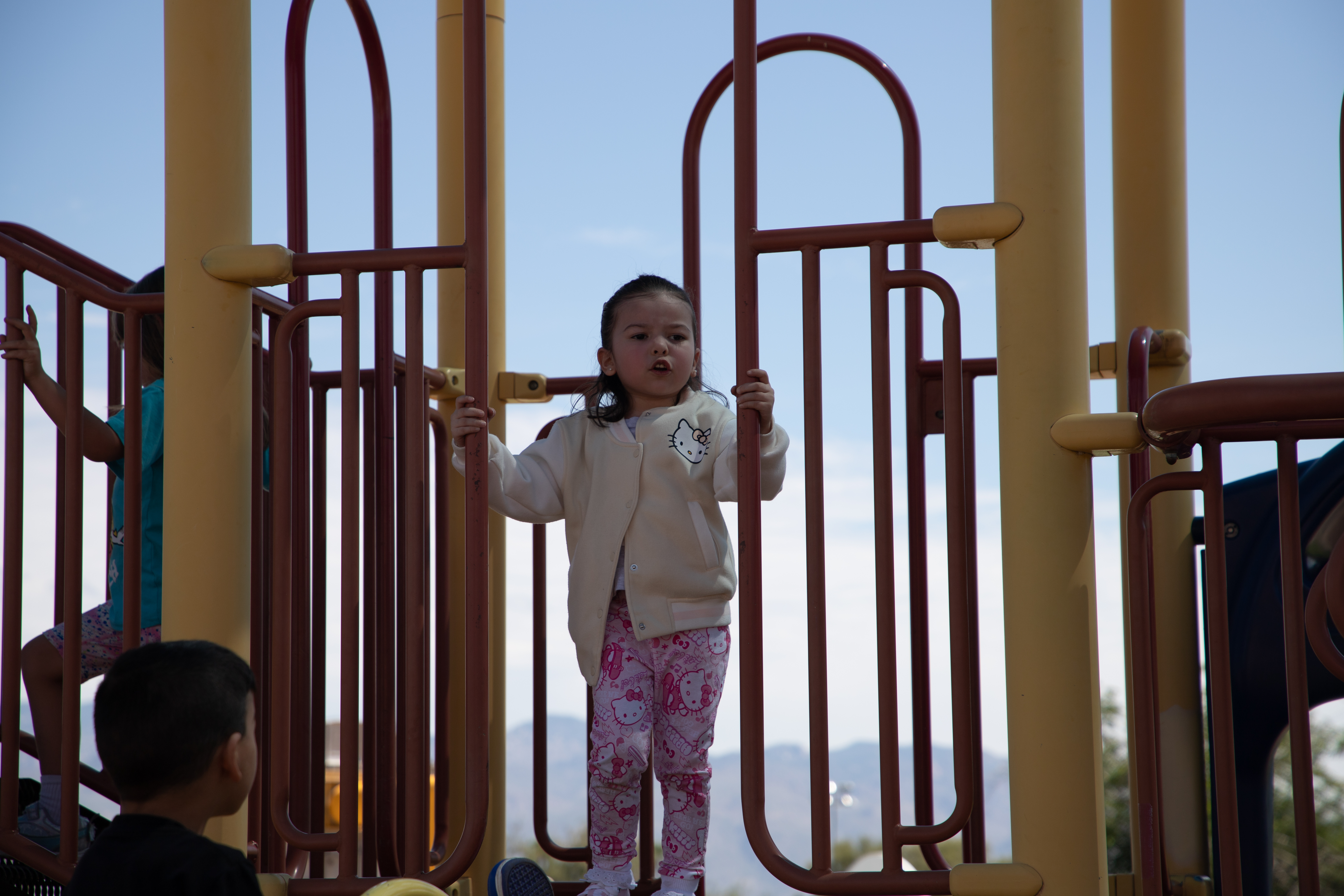 A little girl stands at the top of the playground